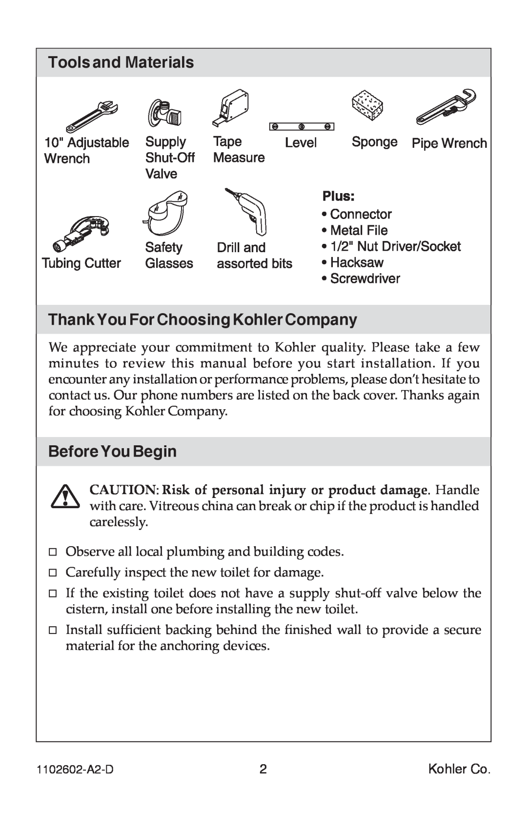 Kohler 1102602-A2-D manual Tools and Materials, Thank You For Choosing Kohler Company, Before You Begin 